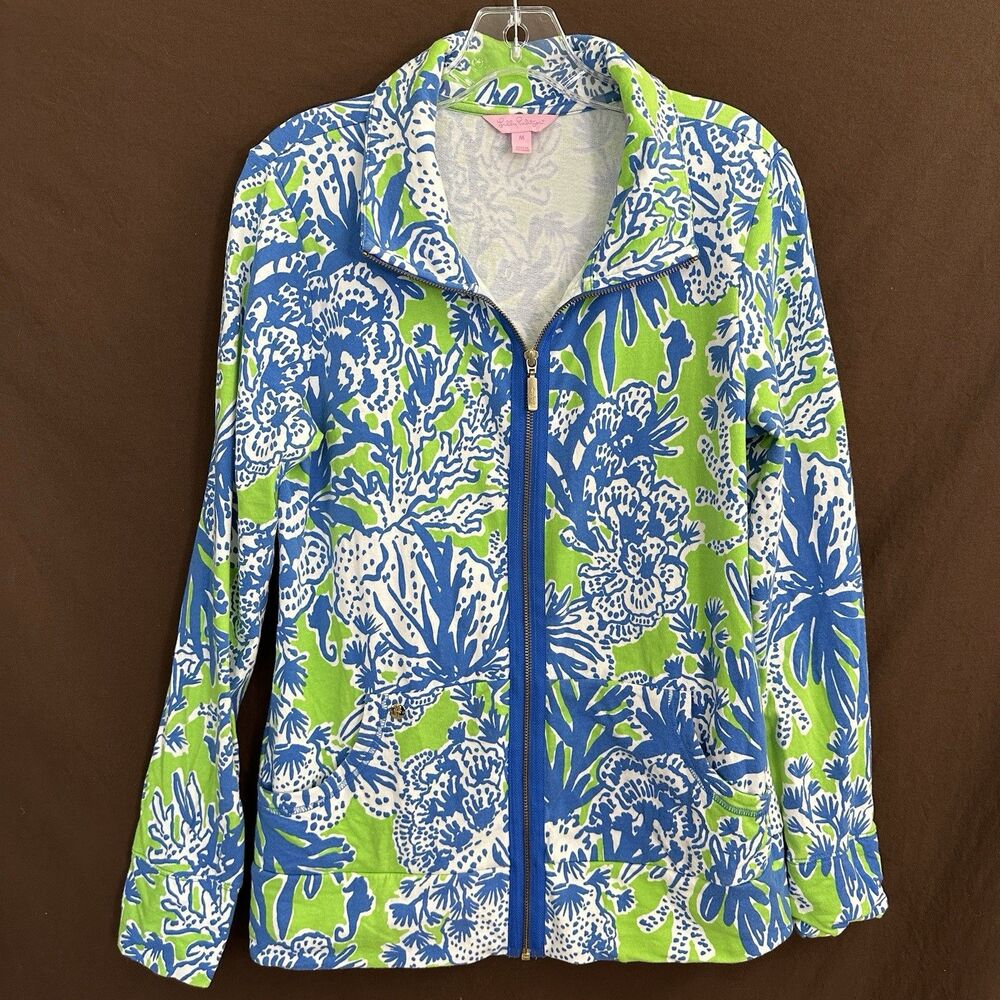 Lilly Pulitzer Leona Front Gold Zip Limeade Biggest Fan Sz MEDIUM